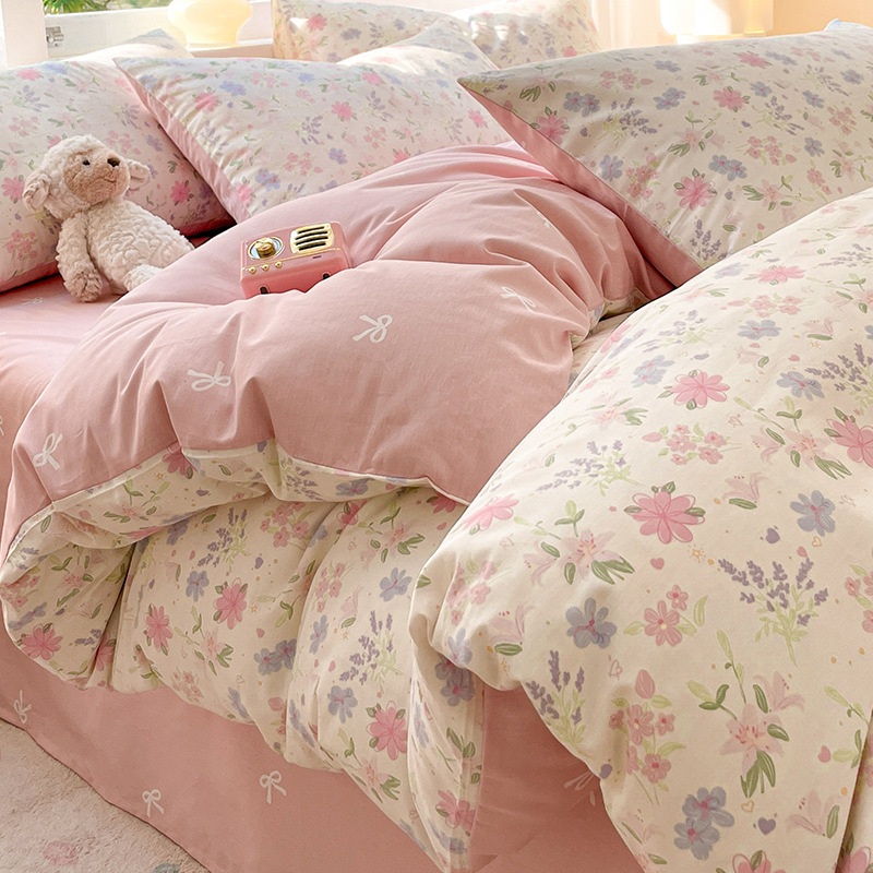 Set pat 4 piese din bumbac 100% cu model floral de plante, bumbac 60s, imprimare reactiva, tesătură twill, confort pe toate sezoanele