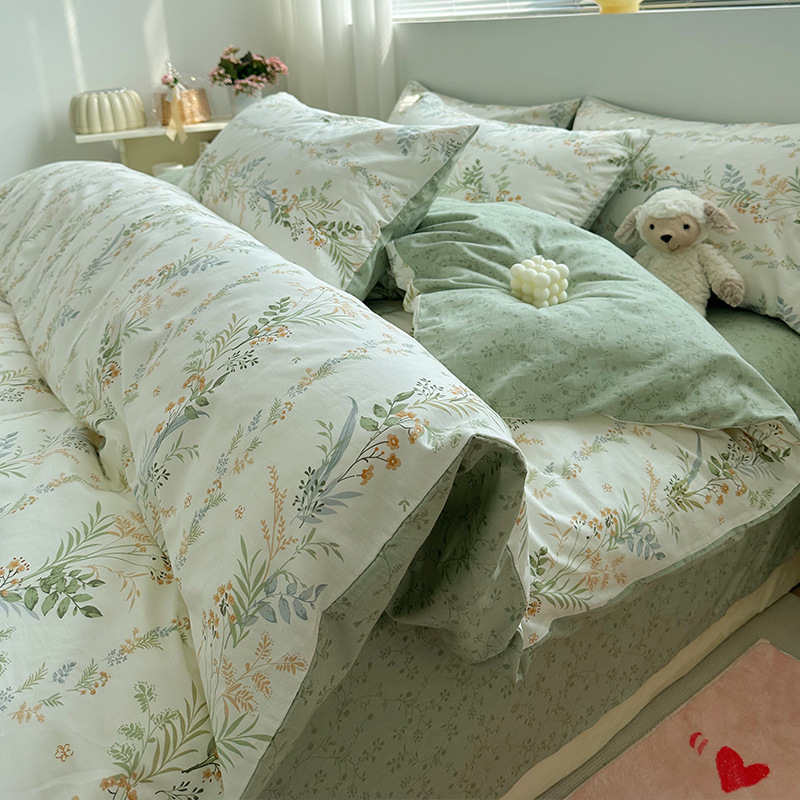 Set pat 4 piese din bumbac 100% cu model floral de plante, bumbac 60s, imprimare reactiva, tesătură twill, confort pe toate sezoanele