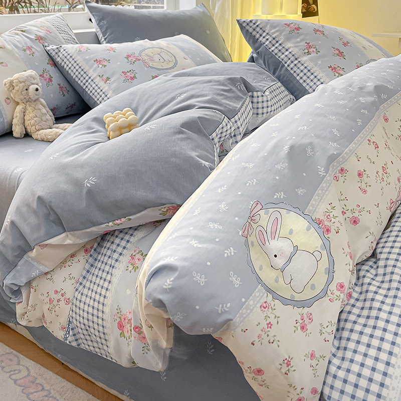 Set pat 4 piese din bumbac 100% cu model floral de plante, bumbac 60s, imprimare reactiva, tesătură twill, confort pe toate sezoanele