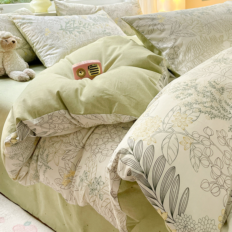 Set pat 4 piese din bumbac 100% cu model floral de plante, bumbac 60s, imprimare reactiva, tesătură twill, confort pe toate sezoanele