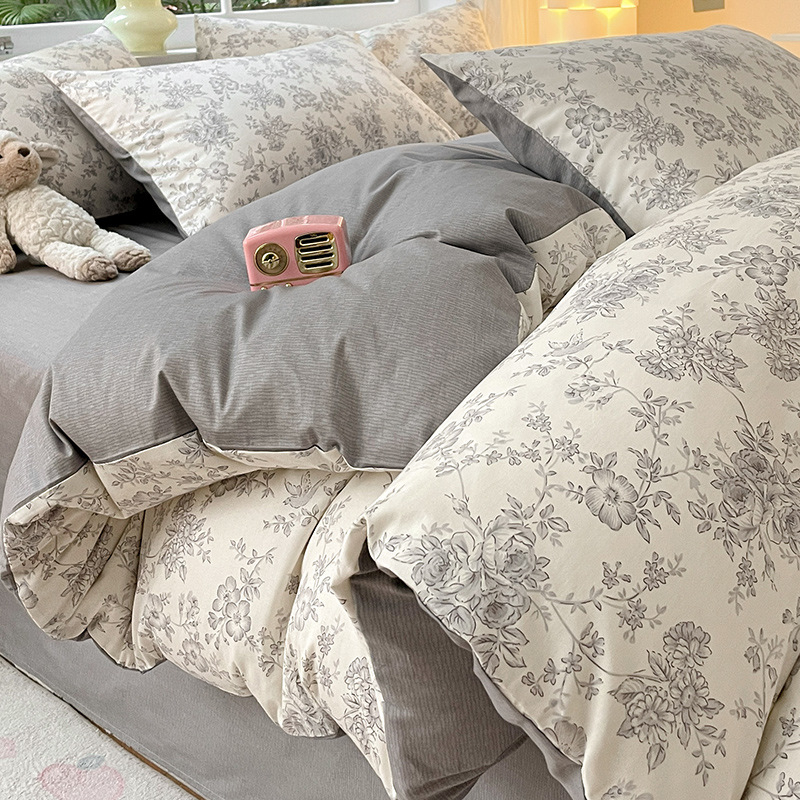 Set pat 4 piese din bumbac 100% cu model floral de plante, bumbac 60s, imprimare reactiva, tesătură twill, confort pe toate sezoanele