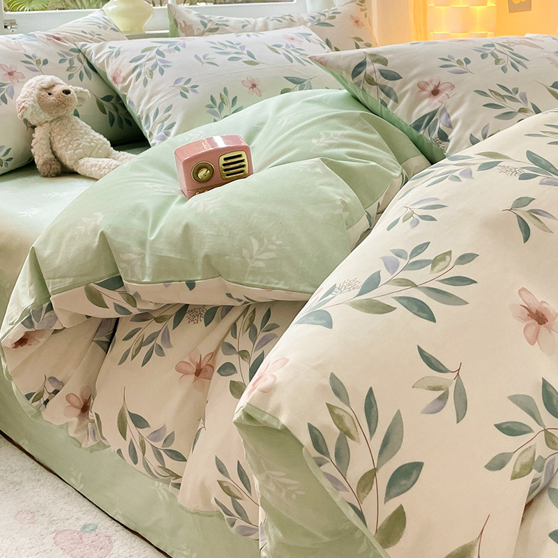 Set pat 4 piese din bumbac 100% cu model floral de plante, bumbac 60s, imprimare reactiva, tesătură twill, confort pe toate sezoanele