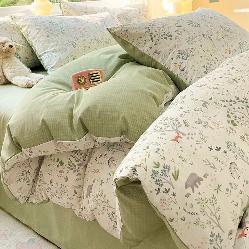 Set pat 4 piese din bumbac 100% cu model floral de plante, bumbac 60s, imprimare reactiva, tesătură twill, confort pe toate sezoanele