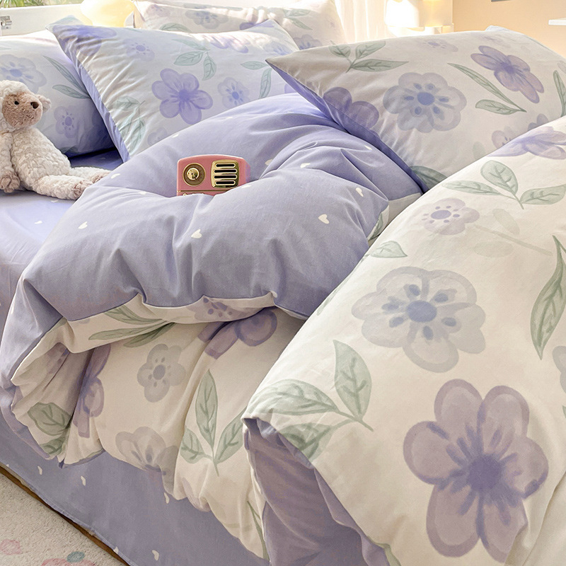 Set pat 4 piese din bumbac 100% cu model floral de plante, bumbac 60s, imprimare reactiva, tesătură twill, confort pe toate sezoanele