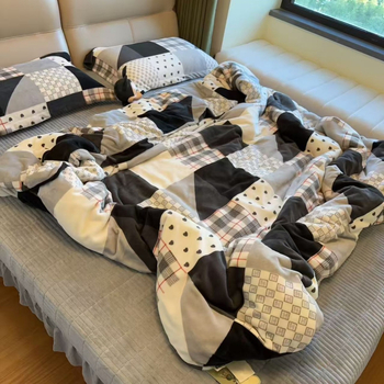 Set de pat din catifea de lapte, patru piese – iarnă, catifea cu două fețe, model plante și flori