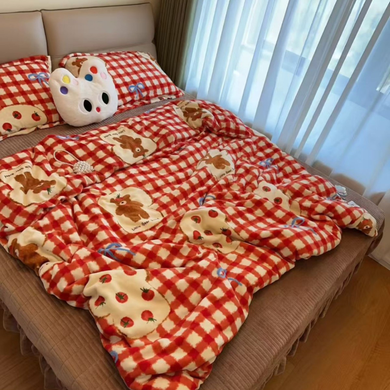 Set de pat din catifea de lapte, patru piese – iarnă, catifea cu două fețe, model plante și flori