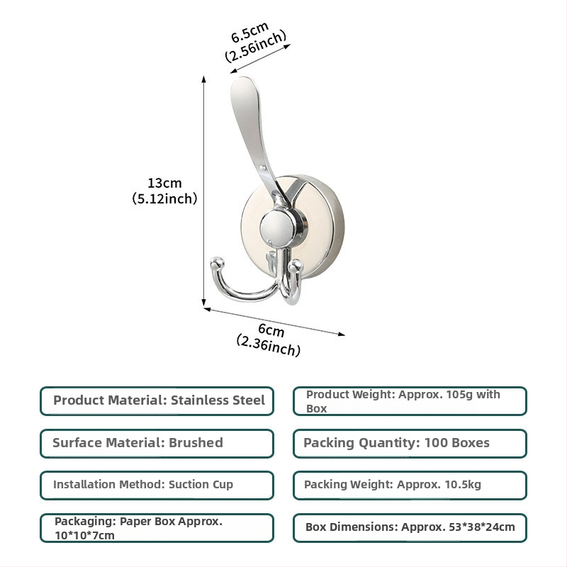 Nerūsējošā tērauda vakuuma piesūcekļa āķis sienai, dvieļiem un apģērbam, viens āķis, mūsdienīgs minimālisms, slodze 3-5 kg