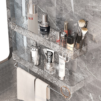 Vannas istabas sienas uzglabāšanas plaukts — bez urbšanas, plastmasas kosmētikas un dvieļu organizētājs