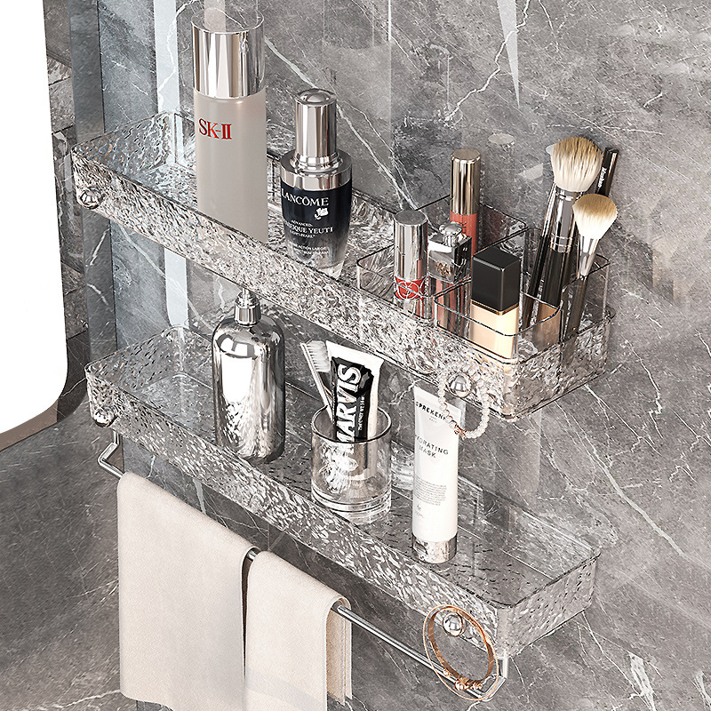 Vannas istabas sienas uzglabāšanas plaukts — bez urbšanas, plastmasas kosmētikas un dvieļu organizētājs