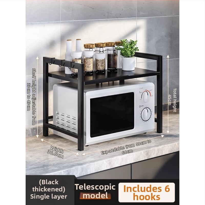 Ištempiamas virtuvės lentyna mikrobangų krosnelėms ir ryžių virimui, dviejų lygių dizainas, anglies plienas, be montavimo, skirtas stalviršio naudojimui