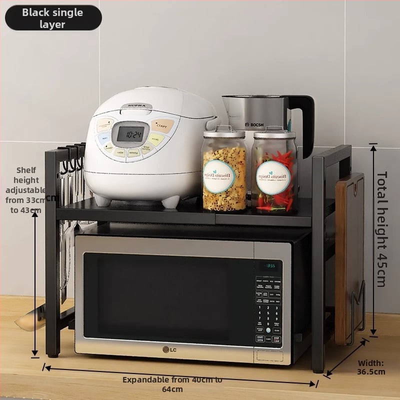 Ištempiamas virtuvės lentyna mikrobangų krosnelėms ir ryžių virimui, dviejų lygių dizainas, anglies plienas, be montavimo, skirtas stalviršio naudojimui
