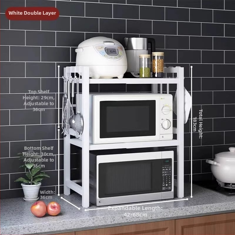 Ištempiamas virtuvės lentyna mikrobangų krosnelėms ir ryžių virimui, dviejų lygių dizainas, anglies plienas, be montavimo, skirtas stalviršio naudojimui