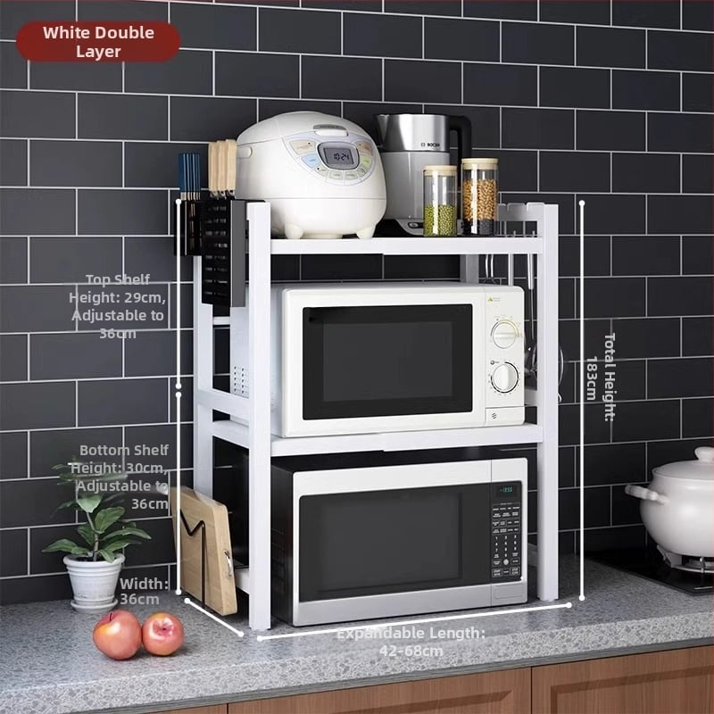 Ištempiamas virtuvės lentyna mikrobangų krosnelėms ir ryžių virimui, dviejų lygių dizainas, anglies plienas, be montavimo, skirtas stalviršio naudojimui