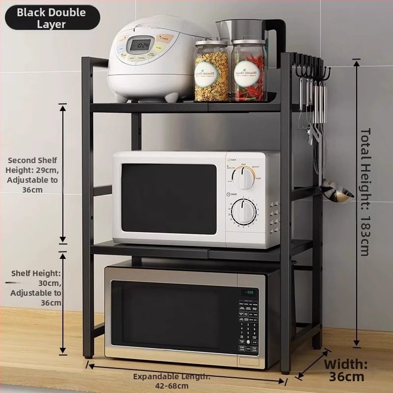 Ištempiamas virtuvės lentyna mikrobangų krosnelėms ir ryžių virimui, dviejų lygių dizainas, anglies plienas, be montavimo, skirtas stalviršio naudojimui