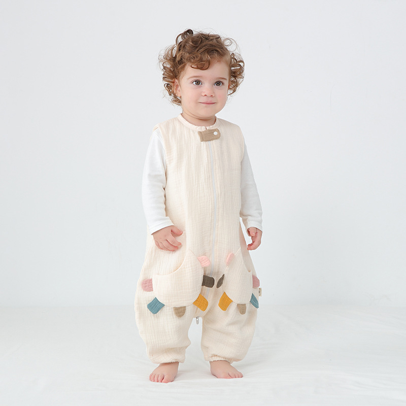 Sac de dormit pentru bebeluși cu picioare separate, din bumbac pur țesut gază, fără umplutură, stil vestă, fermoar din nylon, absorbție a umezelii, pentru nou-născuți (0–12 luni), potrivit pentru toate anotimpurile