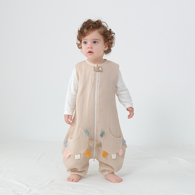 Sac de dormit pentru bebeluși cu picioare separate, din bumbac pur țesut gază, fără umplutură, stil vestă, fermoar din nylon, absorbție a umezelii, pentru nou-născuți (0–12 luni), potrivit pentru toate anotimpurile
