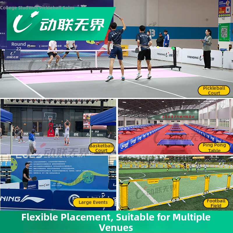 Pohyblivý plot pre pickleball a tenis so reklamnou zobrazovacou stanicou, skladacia A‑verzia na kurt. Materiál: pevná warp-knit látka 250 g/m²; hliníková rúra, nekoroduje. Hmotnosť: 5,2 kg. Vhodné na rozdelenie zón pre pickleball, futbal a kampusové športo