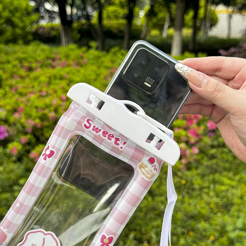 Karikatūras dizaina ūdensdroša telefona somiņa ar skārienjūtīgu ekrānu, PVC materiāls, trīslocījuma konstrukcija ar gaisa spilveniem, kakla siksna