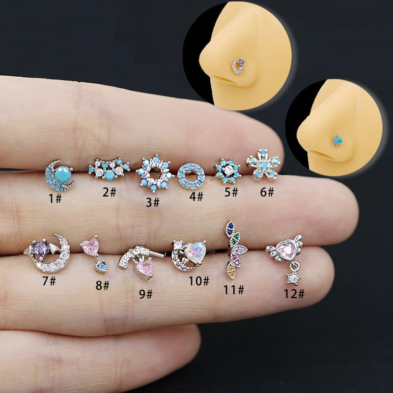 Nazalni prsten s privjeskom od cirkona u obliku srca i ametistnim kristalom — nehrđajući čelik, unisex, elektroplatirano