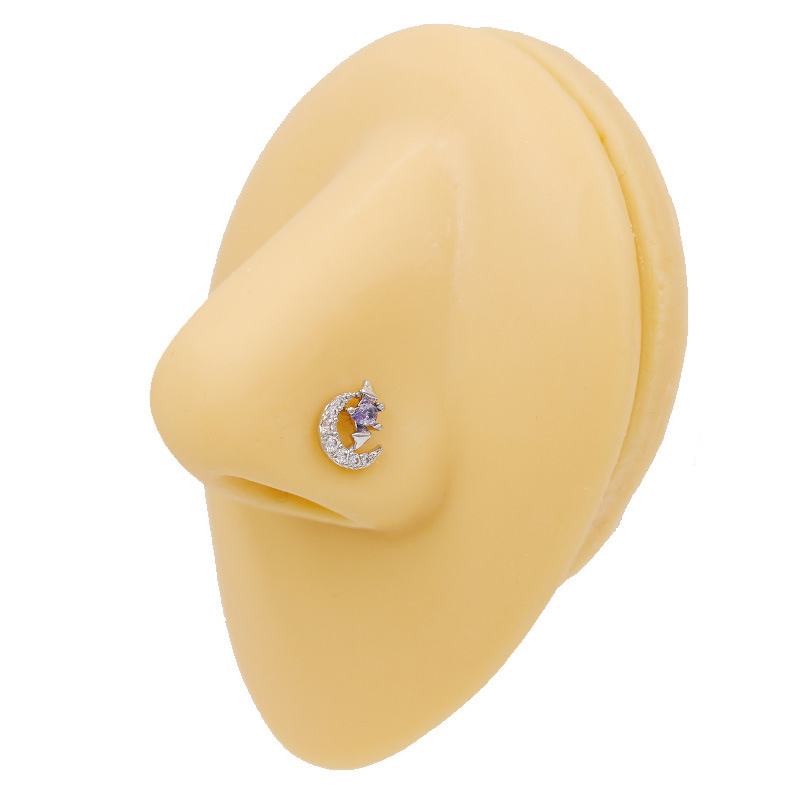 Nazalni prsten s privjeskom od cirkona u obliku srca i ametistnim kristalom — nehrđajući čelik, unisex, elektroplatirano