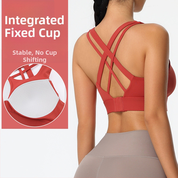 Γυναικείο αθλητικό σουτιέν γιόγκα με νάιλον ύφασμα, πλήρη κύπελλα, μεσαία μορφοποίηση κυπέλλων, σταθεροί διπλοί ιμάντες, οπίσθιο κλείσιμο με τρεις σειρές αγκιστριών