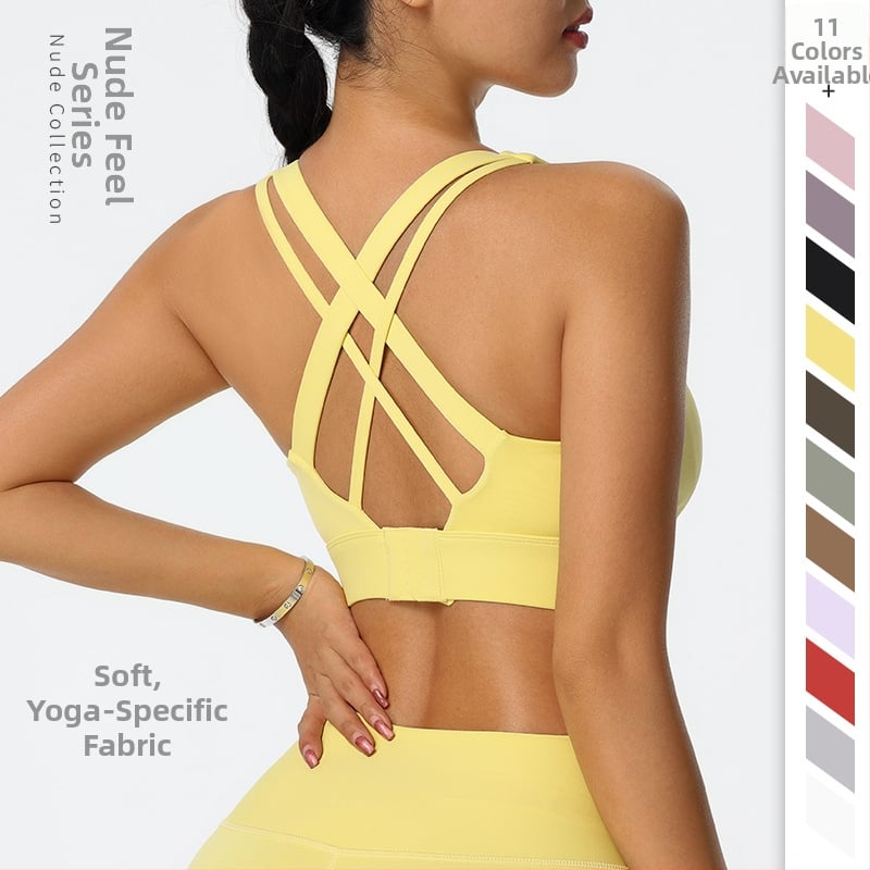 Γυναικείο αθλητικό σουτιέν γιόγκα με νάιλον ύφασμα, πλήρη κύπελλα, μεσαία μορφοποίηση κυπέλλων, σταθεροί διπλοί ιμάντες, οπίσθιο κλείσιμο με τρεις σειρές αγκιστριών