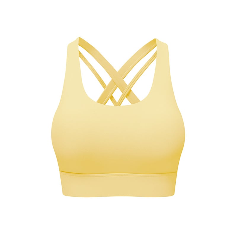 Γυναικείο αθλητικό σουτιέν γιόγκα με νάιλον ύφασμα, πλήρη κύπελλα, μεσαία μορφοποίηση κυπέλλων, σταθεροί διπλοί ιμάντες, οπίσθιο κλείσιμο με τρεις σειρές αγκιστριών