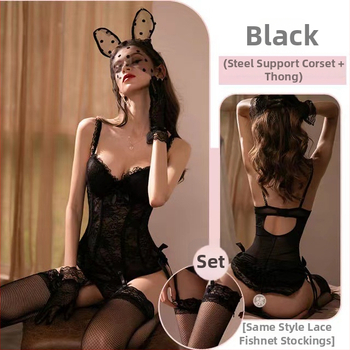 Seksa apakšveļas komplekts ar jostu ar mežģīnēm, tērauda karkasa atbalstu slaidam siluētam; galvenais audums poliester-elastāns 90–95%, stils zeķēm