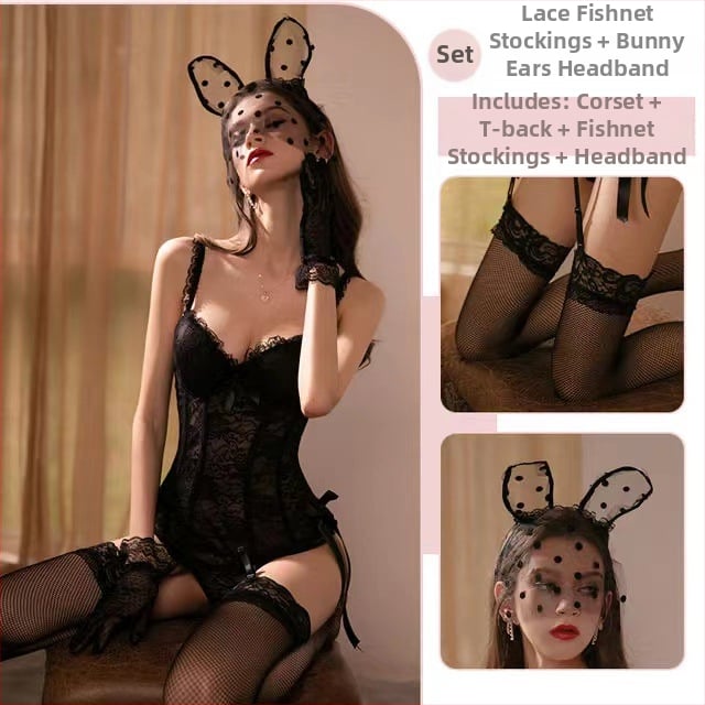 Seksa apakšveļas komplekts ar jostu ar mežģīnēm, tērauda karkasa atbalstu slaidam siluētam; galvenais audums poliester-elastāns 90–95%, stils zeķēm