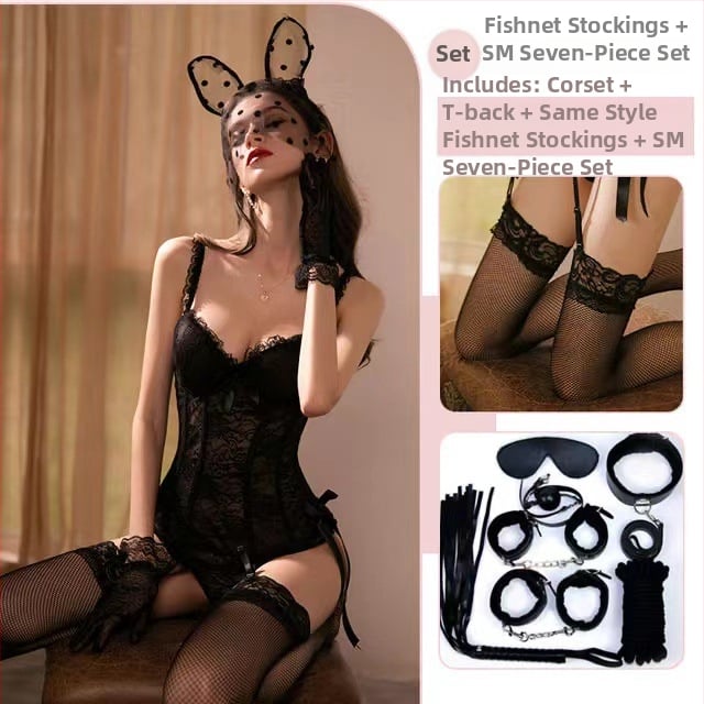 Seksa apakšveļas komplekts ar jostu ar mežģīnēm, tērauda karkasa atbalstu slaidam siluētam; galvenais audums poliester-elastāns 90–95%, stils zeķēm