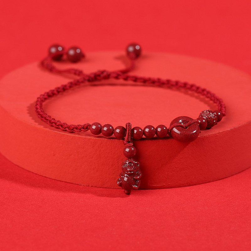 Natūralus cinnabaro apyrankė kulkšnyje, zodiako tema, austas