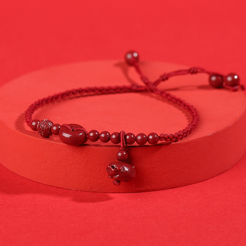 Natūralus cinnabaro apyrankė kulkšnyje, zodiako tema, austas