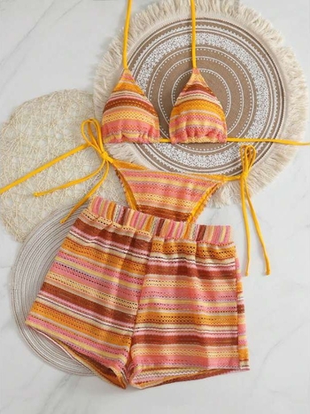 Ženski bikini set od tri dijela s izrezima i prugastim trakama za plažu