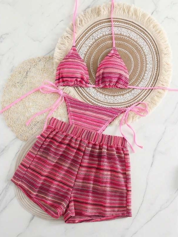 Ženski bikini set od tri dijela s izrezima i prugastim trakama za plažu