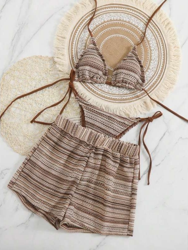 Ženski bikini set od tri dijela s izrezima i prugastim trakama za plažu