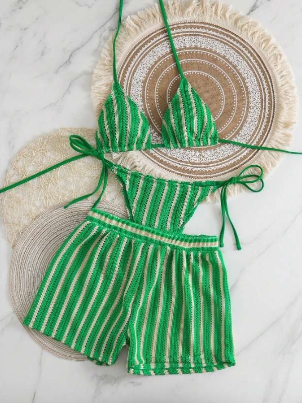 Ženski bikini set od tri dijela s izrezima i prugastim trakama za plažu