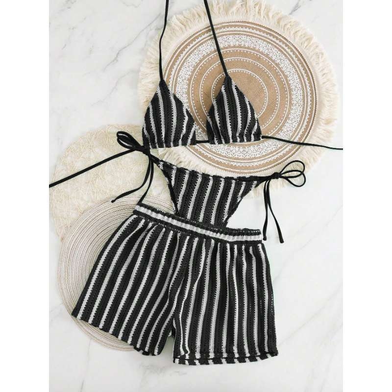 Ženski bikini set od tri dijela s izrezima i prugastim trakama za plažu