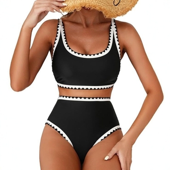 Sieviešu divu daļu peldkostīms ar augstu vidukli, polsterēts tops, drukāts ziedu un retro punktu raksts, poliesters 85%, pildījums 15%, svars 200 g