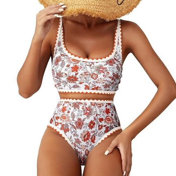 Sieviešu divu daļu peldkostīms ar augstu vidukli, polsterēts tops, drukāts ziedu un retro punktu raksts, poliesters 85%, pildījums 15%, svars 200 g