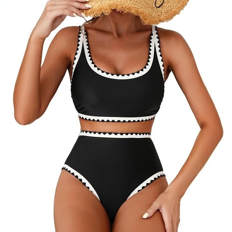 Sieviešu divu daļu peldkostīms ar augstu vidukli, polsterēts tops, drukāts ziedu un retro punktu raksts, poliesters 85%, pildījums 15%, svars 200 g