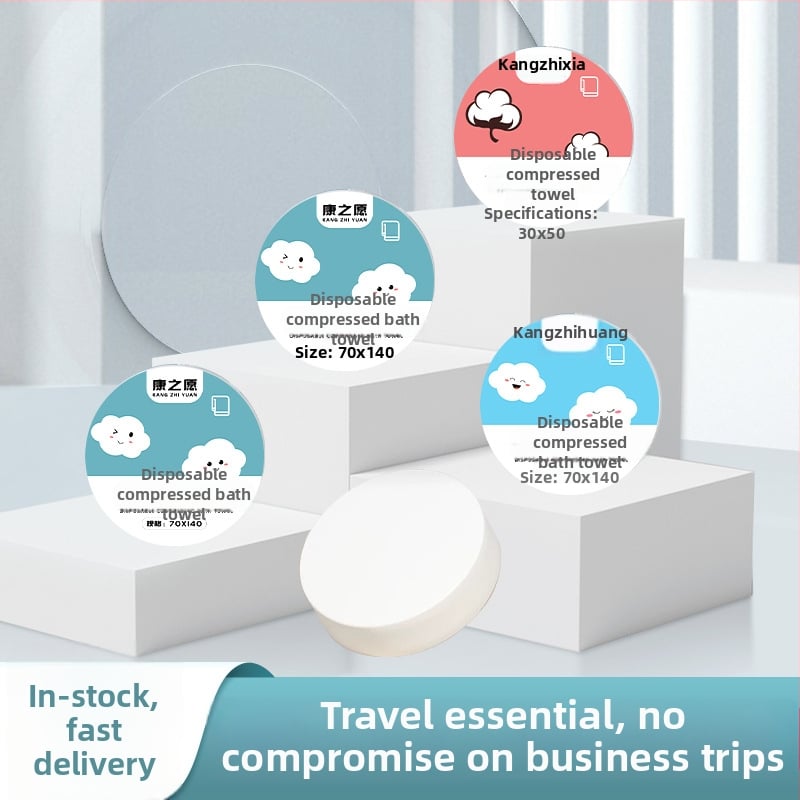 Vienkartinis kompresinis dušo rankšluostis iš augalinių pluoštų, 50 g ir daugiau, atskirai įpakuotas, nešiojamas veido rankšluostis kelionėms