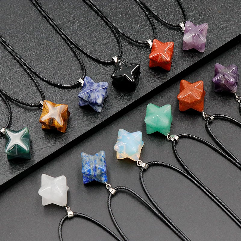 Kristallripats kaelakeele geomeetrilise kuueharulise tähe kujul, ametüstkristall, Nr. 1586 Kaba Star