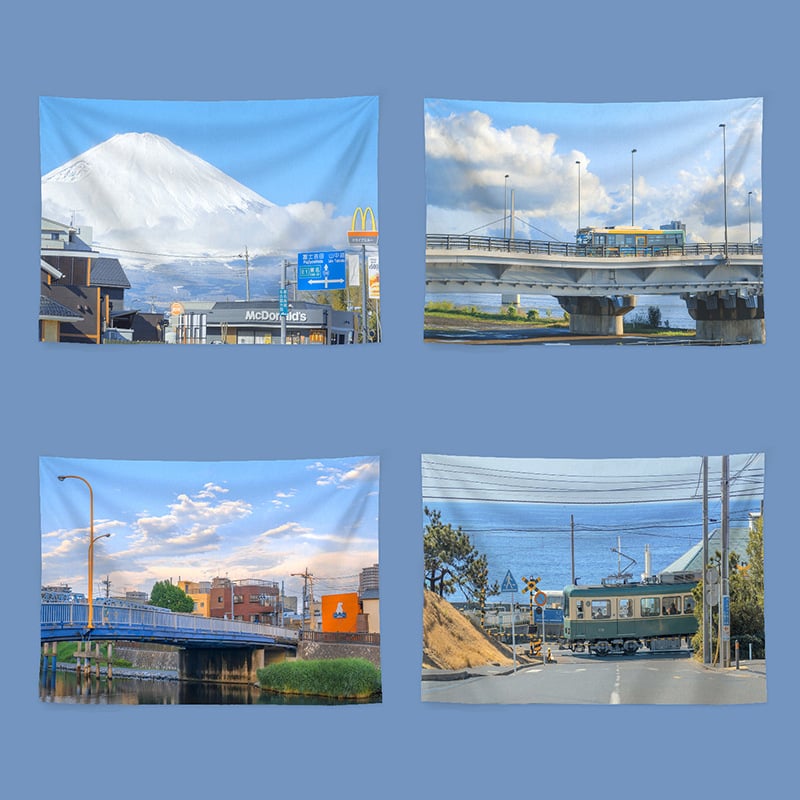 Гоблен за стена в японски стил с пейзаж, правоъгълна форма, полиестер, дигитален термичен трансфер