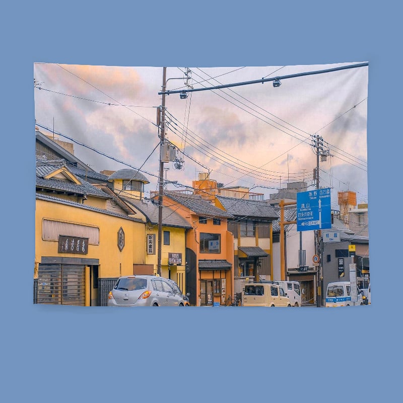 Гоблен за стена в японски стил с пейзаж, правоъгълна форма, полиестер, дигитален термичен трансфер