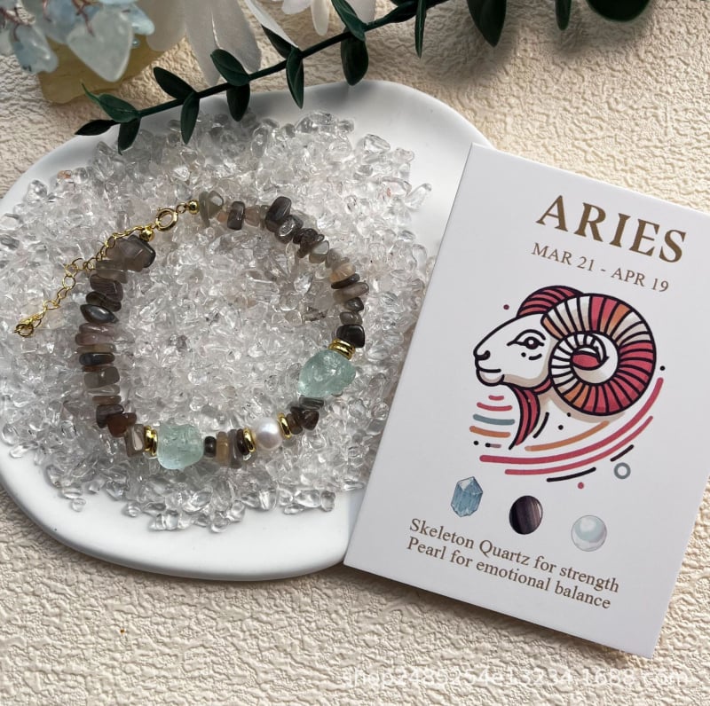 Käevõru kaheteistkümne zodiaki tähemärgiga, küülikupuhakristall, pärlipērli, hõbedaga kaetud vask, Ahao bränd