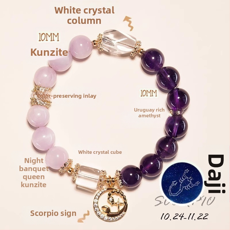 Ametiszt kristály karkötő, csillagkép/zodiákus dizájn, elektroplakkolás, nők számára