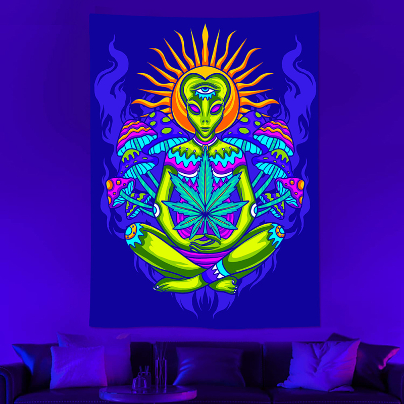Гоблен - UV флуоресцентен череп неонов, светещ психеделичен дизайн (Полиестерно влакно; Дигитален термален трансфер; квадрат)
