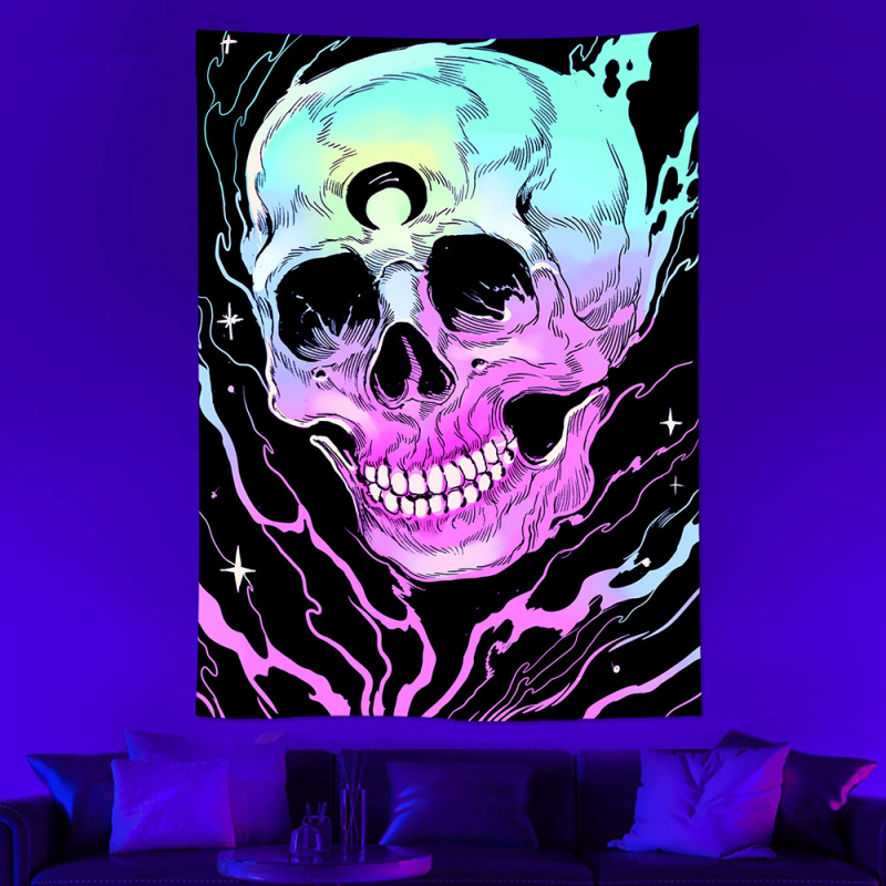 Гоблен - UV флуоресцентен череп неонов, светещ психеделичен дизайн (Полиестерно влакно; Дигитален термален трансфер; квадрат)