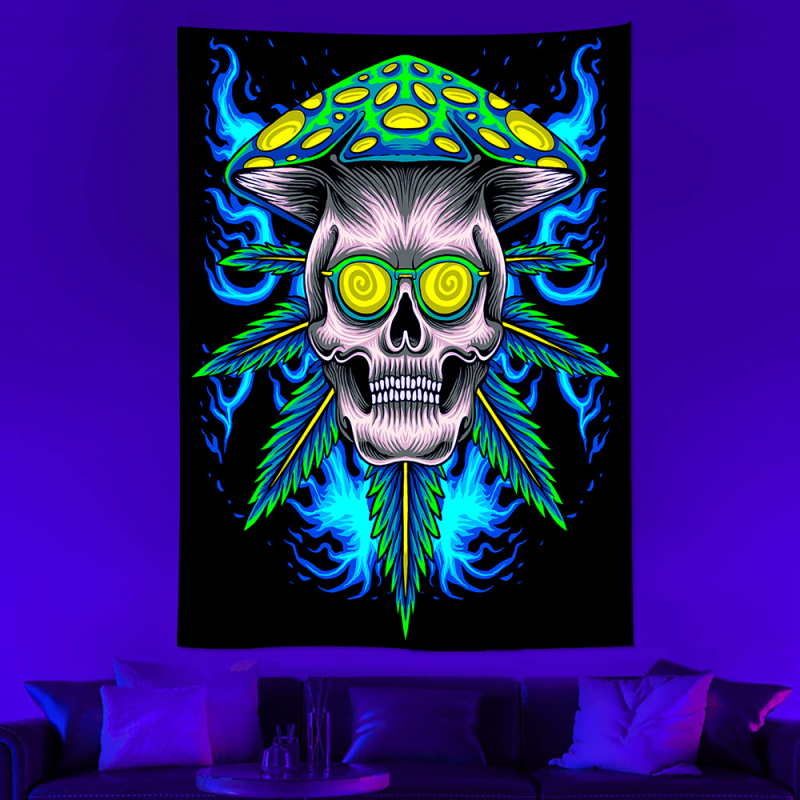 Гоблен - UV флуоресцентен череп неонов, светещ психеделичен дизайн (Полиестерно влакно; Дигитален термален трансфер; квадрат)