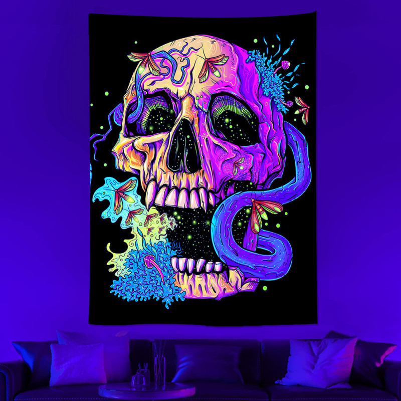 Гоблен - UV флуоресцентен череп неонов, светещ психеделичен дизайн (Полиестерно влакно; Дигитален термален трансфер; квадрат)